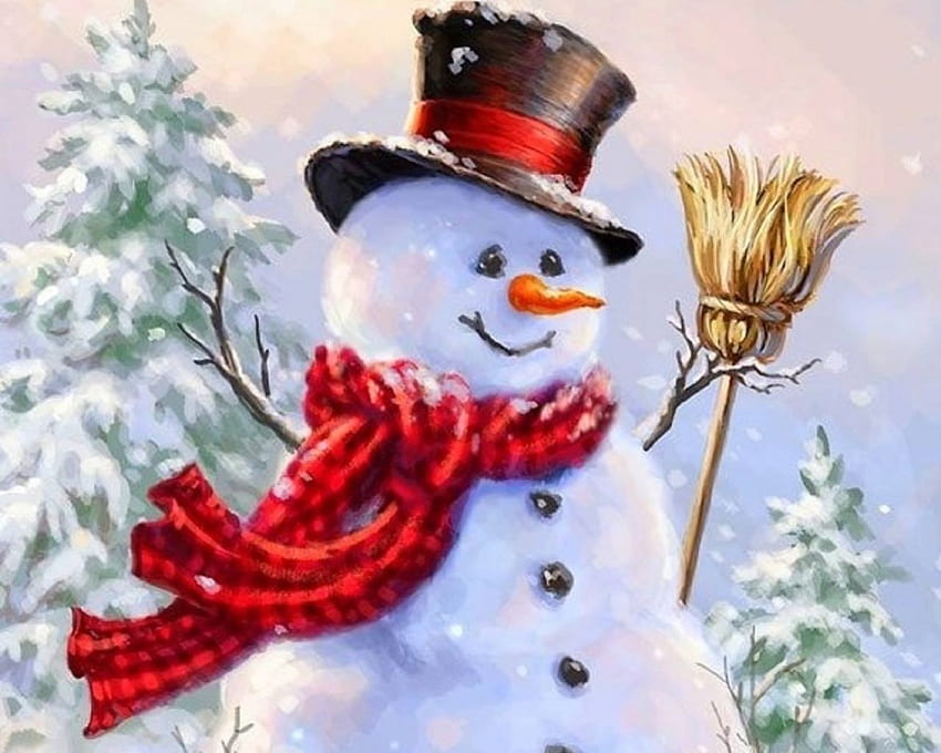 Snowman Broom, winter, holidays, New Year, broom, paintings, snowman, love four seasons, christmas trees, Christmas, snow, xmas and new year HD wallpaper