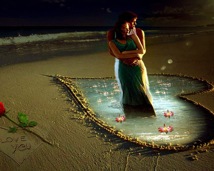 Garçon et fille dans Embrace Beach Rose Heart in Sand You Love Fond d'écran HD