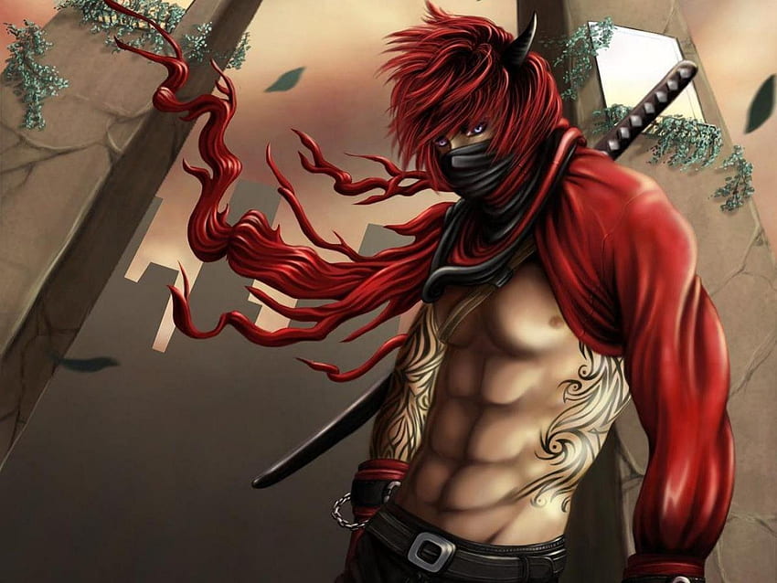 Devil's Assassin, sword, mask, blue eyes, horns, tattoo, red hair, lone, weapon, katana, male HD wallpaper