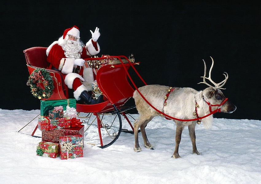 Holidays, Santa Claus, Snow, Deer, Bag, Sleigh, Sledge, Presents, Sack, Gifts HD wallpaper