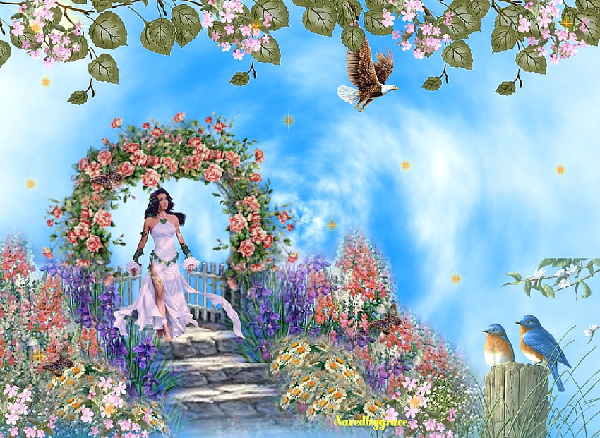Lady In The Garden, dame, oiseau, fleur, jardin, escalier Fond d'écran HD