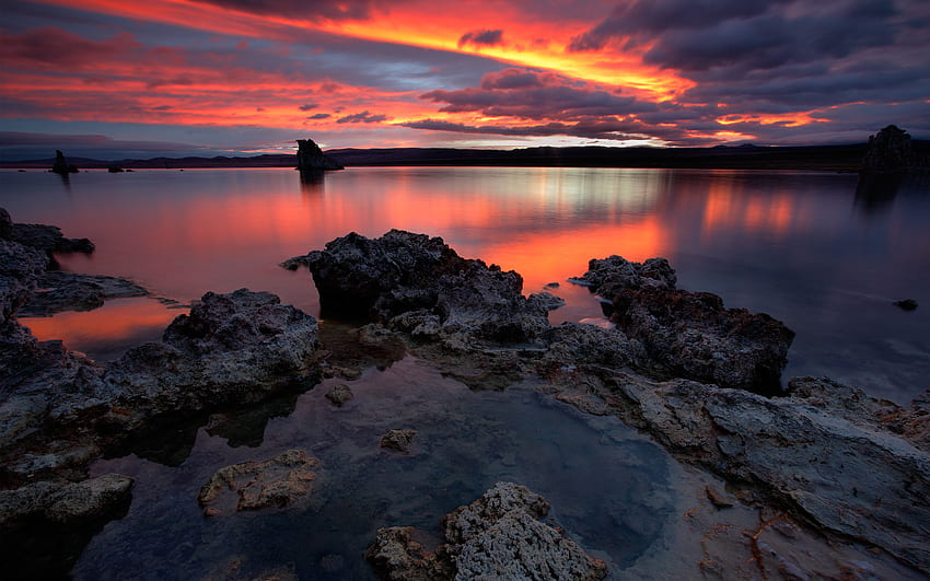 Sunset, sea, colors, rocks, reflection, clouds, nature, sky, ocean HD wallpaper