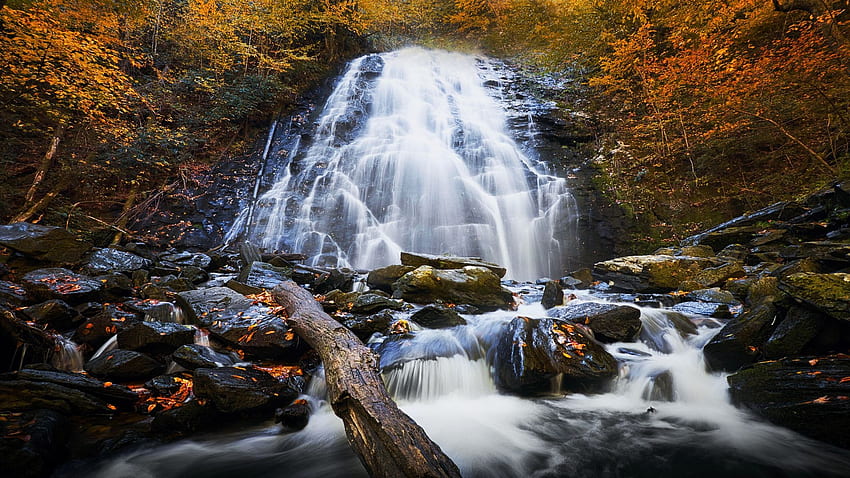 ブルーリッジ山脈沿いの滝、ノースカロライナ州、川、葉、秋、カスケード、秋、木、色、岩、アメリカ 高画質の壁紙