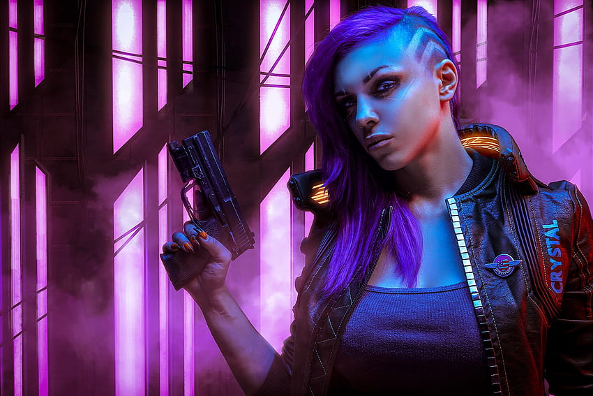 사이버펑크 2077, 총, 보라색 머리, 비디오 게임 및 배경 HD 월페이퍼