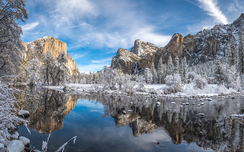 Merced River, winter, Yosemite Valley, mountain landscape, snow, Sierra Nevada, California, Yosemite National Park, USA HD wallpaper