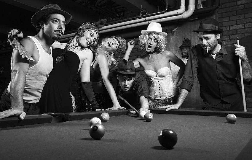 retro, , girls, black and white, Billiards, guys, vintage, party, rivalry, pocket billiard, black and white, for , section ситуации HD wallpaper