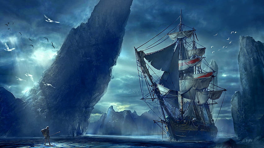 dark, fantasy, explorer, ocean, ship, arctic HD wallpaper