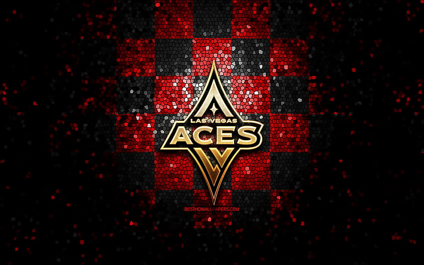 Las Vegas Aces, Glitzerlogo, WNBA, rot-schwarz karierter Hintergrund, Basketball, amerikanisches Basketballteam, Las Vegas Aces-Logo, Mosaikkunst HD-Hintergrundbild