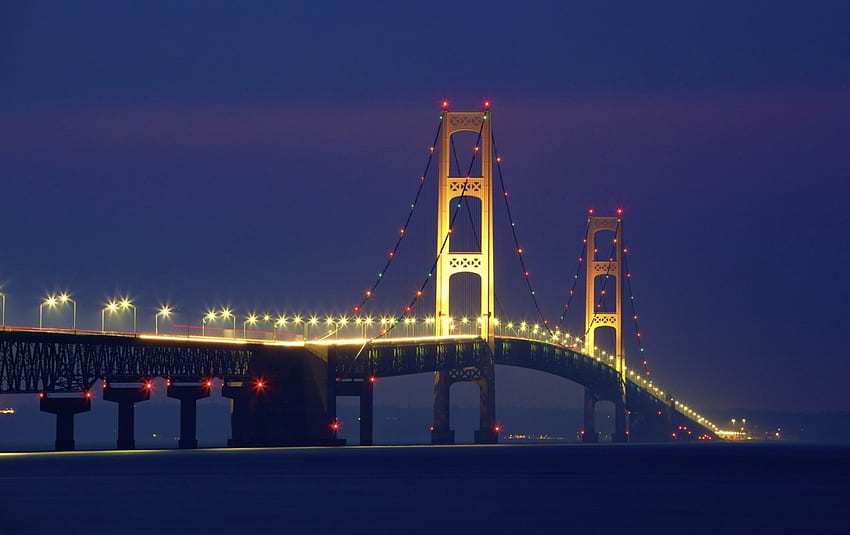 bel ponte mackinac nel michigan di notte, notte, sospensione, luci, baia, ponte Sfondo HD