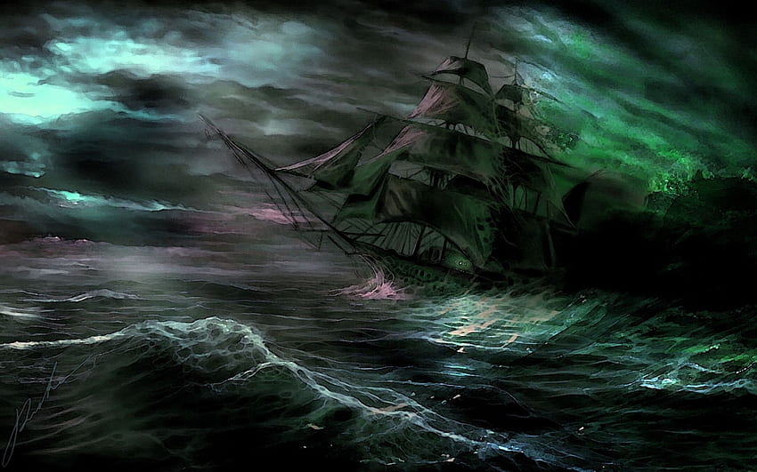 призрачен, кораб, корабокрушение, призрак, фентъзи, буря, океан, море, вълни, страшна буря HD тапет