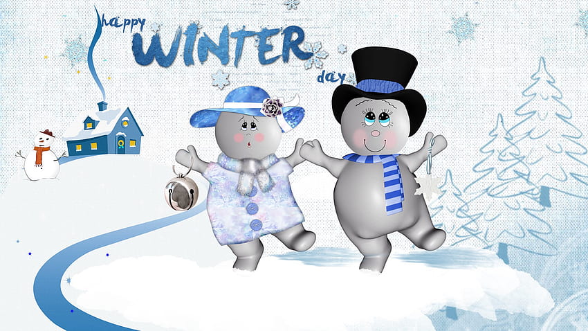 Dancing Snowmen, winter, firefox persona, house, cold, snowman, snow, snow woman, christmas, trees HD wallpaper