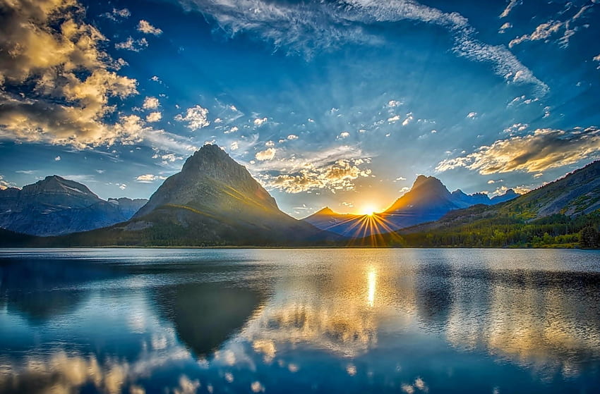 Reflection Lake, reflexão, paisagem, nuvens, céu, natureza, montanhas, lago, pôr do sol papel de parede HD
