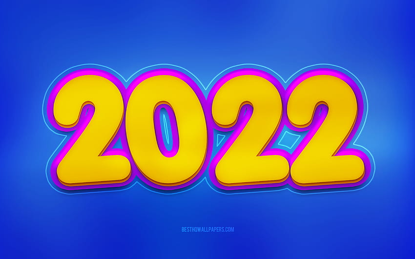 2022 New Year, , blue background, yellow 3d art, Happy New Year 2022, Blue 2022 background, 2022 concepts, 2022 Year, 2022 greeting card HD wallpaper