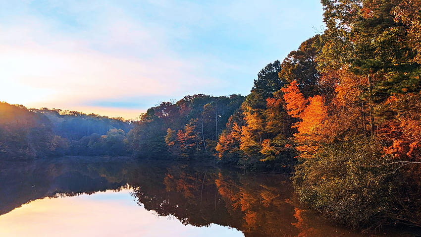 The muddy waters of the Chattahoochee matching the fall foliage, autumn, colors, trees, sky, water, usa, reflections, georgia, landscape, clouds HD wallpaper