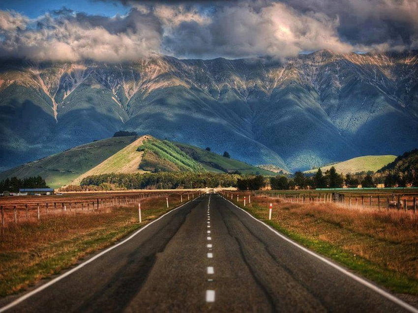 Way to the mountain hills, way, hills, clouds, sky, road, nature, mountain HD wallpaper