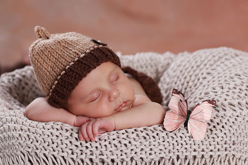 ทารกนอนหลับ น่ารัก ทารก copil ชมพู น้ำตาล ผีเสื้อ เด็ก หมวก นอนหลับ วอลล์เปเปอร์ HD