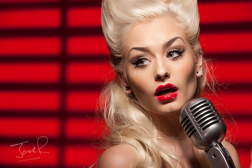 Beauty, model, blonde, girl, singer, woman, red, face, lips, microphone HD wallpaper