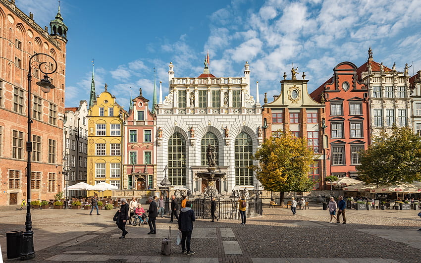 Gdansk, Pologne, Gdansk, fontaine, lanterne, Pologne, maisons, vieille ville Fond d'écran HD