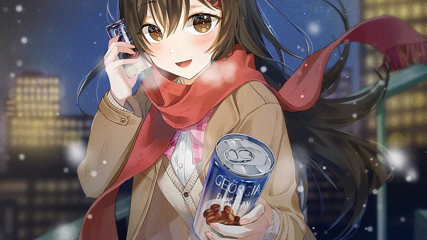 Anime School Girl, Coffee, Cold, Winter, Black Hair, Red Scarf สำหรับ iMac 27 นิ้ว วอลล์เปเปอร์ HD