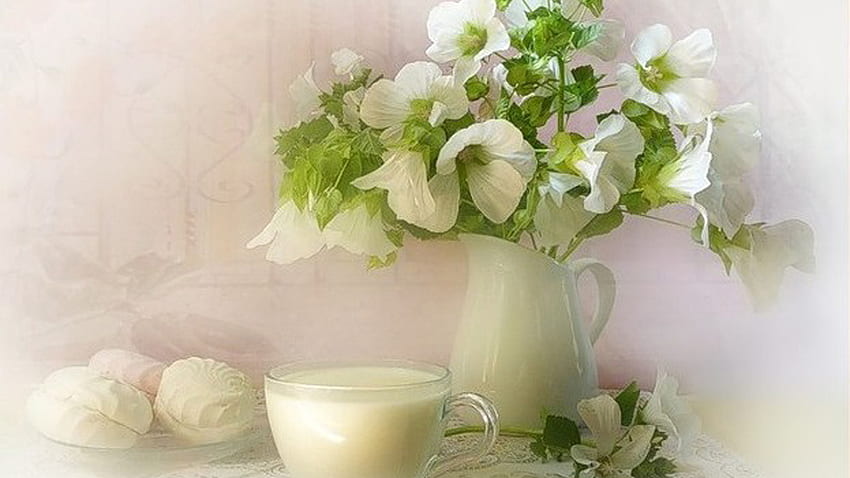 Elegancja..., mleko, martwa natura, biel, wazon, kwiaty, makaroniki Tapeta HD