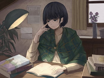 Illustration of happy girl reading a book. Japanese anime or manga style  illustration of a teenager