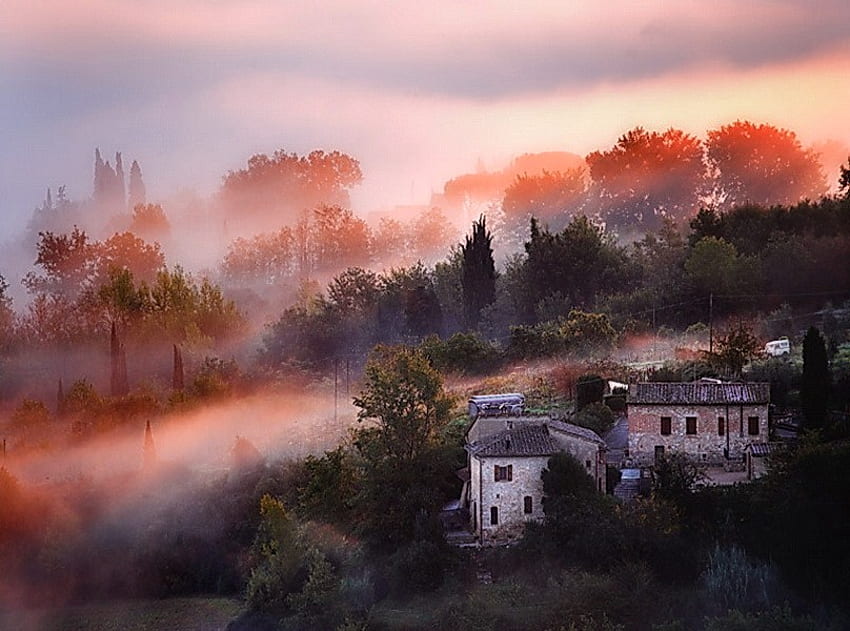 October country fog, fog, hills, trees, orange leaves, autumn trees, houses, mists HD wallpaper