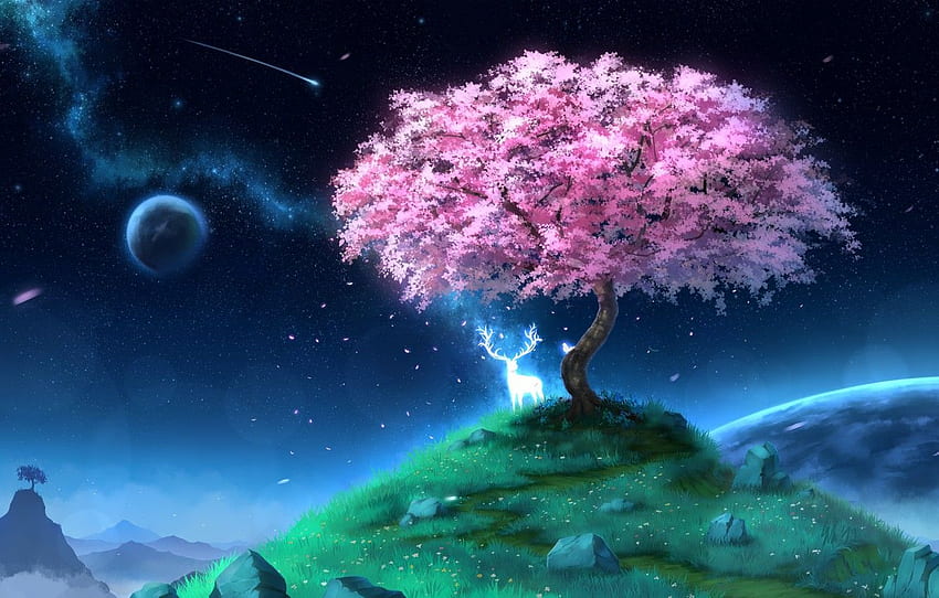 spirit, deer, Sakura, hill for , section арт -, Spirit Tree HD wallpaper