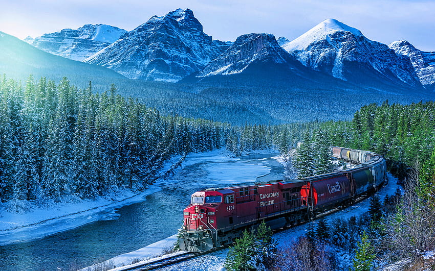 Canada, winter, beautiful nature, railway, cargo train, mountains, lake, Canadian Pacific Railway, North America, R HD wallpaper