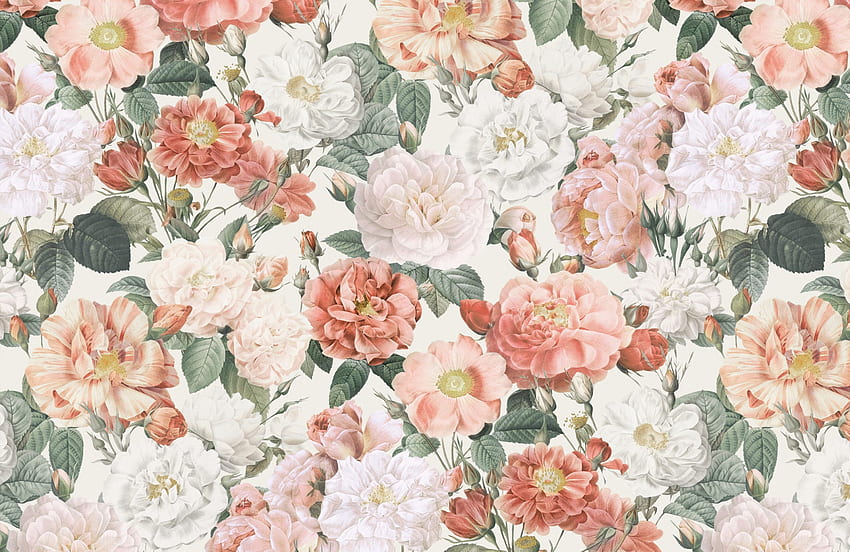 Розови и червени рози Винтидж флорален стенопис, Винтидж щампа на цветя HD тапет