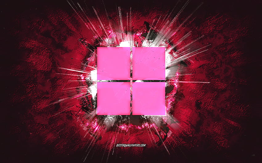 Лого на Windows 11, гръндж изкуство, Windows, розов каменен фон, розово лого на Windows 11, Windows 11, творческо изкуство, гръндж лого на Windows 11, лого на Windows HD тапет