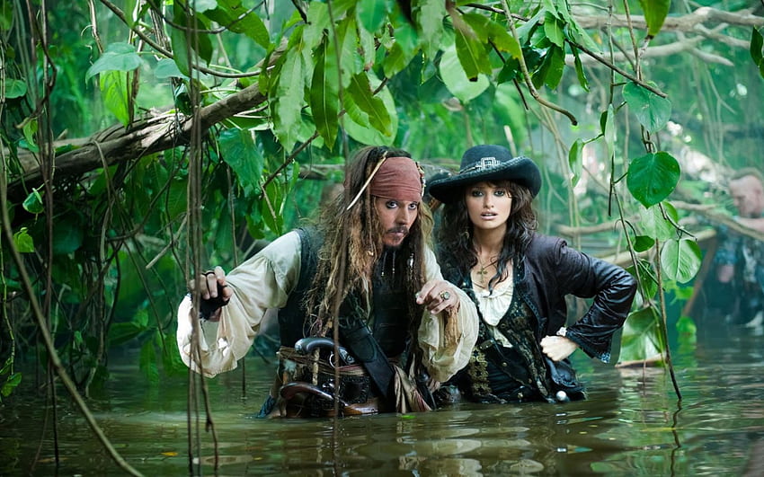 Piraci 4, Jack Sparrow, bagno, przygoda, fikcja, akcja, Johnny Depp, film, dżungla, piraci Tapeta HD