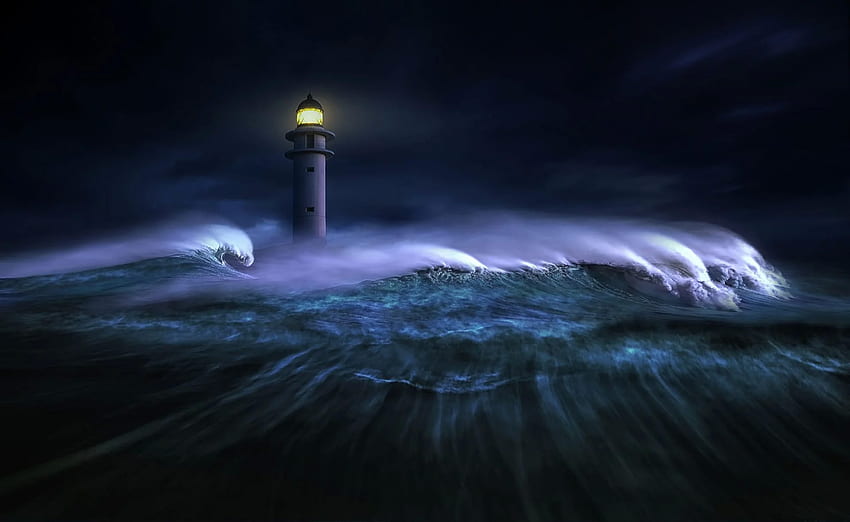 嵐の海の灯台。 背景、嵐の夜 高画質の壁紙
