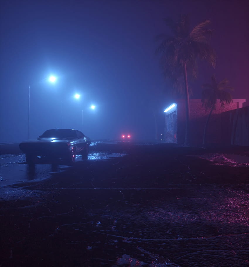 Нощ, коли, светлини, мъгла, кола, фенери, машина, неон, улица HD тапет за телефон
