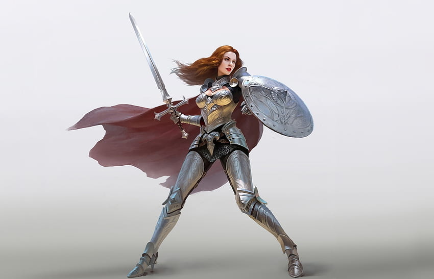 Fantasia, donna con spada e scudo, guerriera, arte Sfondo HD