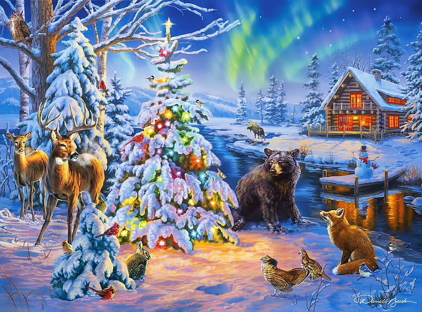 Woodland christmas, frost, creek, art, eve, tree, animals, christmas, snow, cottage, woodland HD wallpaper