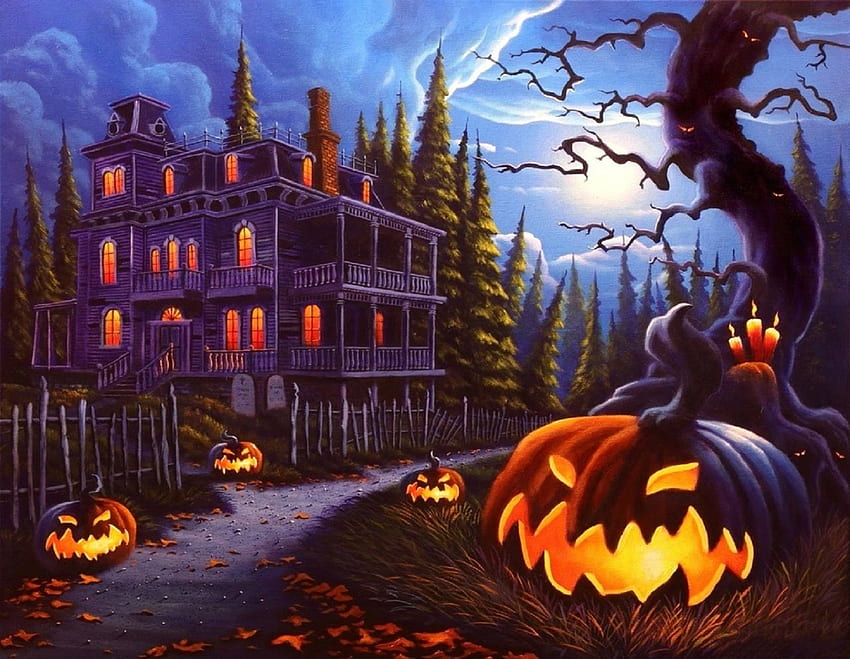 Jack-O-Lantern Lane, призраци, призрачен, картини, тикви, жак-о-фенер, любов четири сезона, Хелоуин, празник, фантазия, есен, свещи, есенен сезон, къща с духове, луни HD тапет