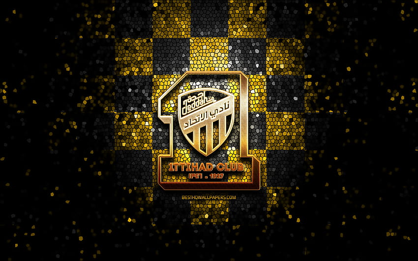 Al-Ittihad Jeddah, Glitzerlogo, Saudi Professional League, gelb-schwarz karierter Hintergrund, Fußball, saudischer Fußballverein, Al-Ittihad-Logo, Al-Ittihad-Club, Mosaikkunst, Fußball, Al-Ittihad FC HD-Hintergrundbild