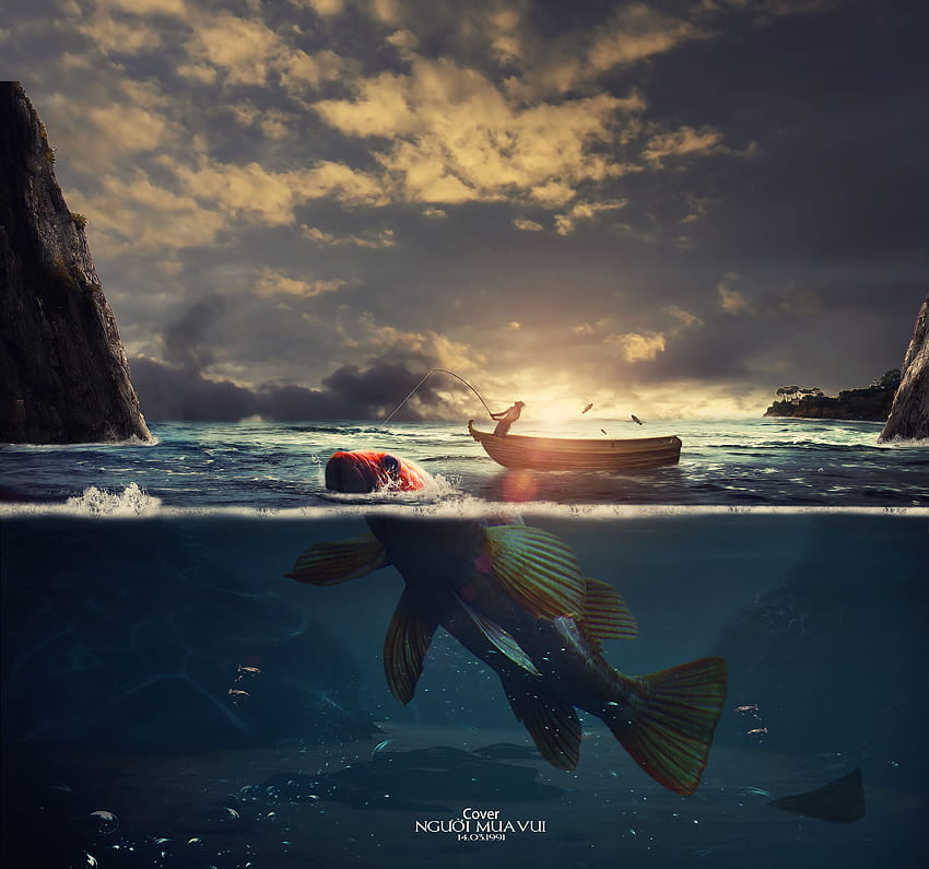 Fisherman, Sunset, Boat, , Creative Graphics HD wallpaper