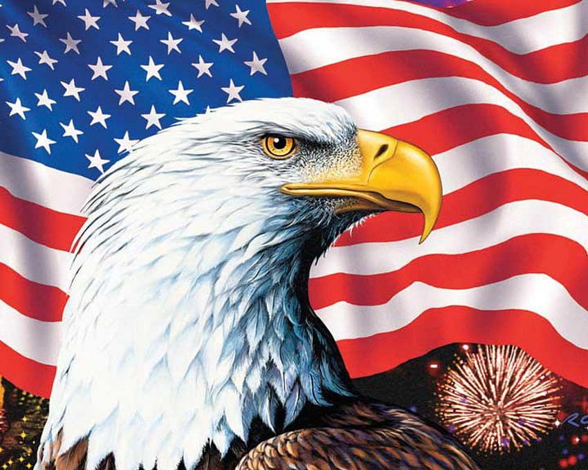 Amerikanische Flaggen-Weißkopfseeadler-Symbole von Amerika hoch, amerikanisches Land HD-Hintergrundbild