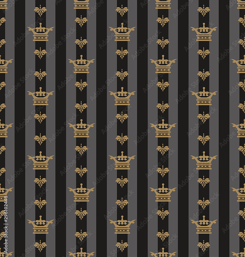 Dunkles Muster im königlichen Stil. Dekoratives elegantes Design. Graue Streifen und königliche Goldkronen auf schwarzem Hintergrund. Farben: schwarz, gold. Hintergrund. Verziertes Stoffdesign. Vektor Lager Vektor HD-Handy-Hintergrundbild