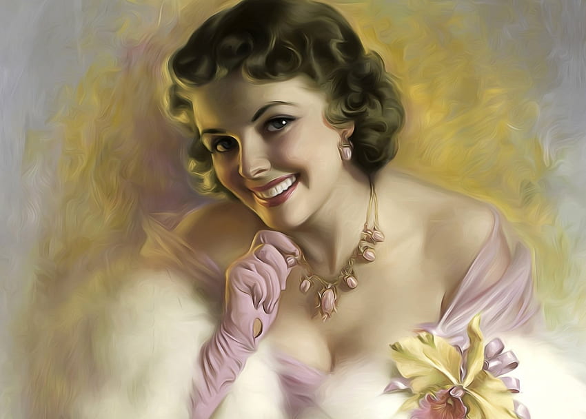 Porträt einer Dame, Weiß, Kunst, Lächeln, Mädchen, Frau, Pelz, Retro, Rosa, Dame, Malerei, Blume, Gelb, Orchidee, Vintage HD-Hintergrundbild