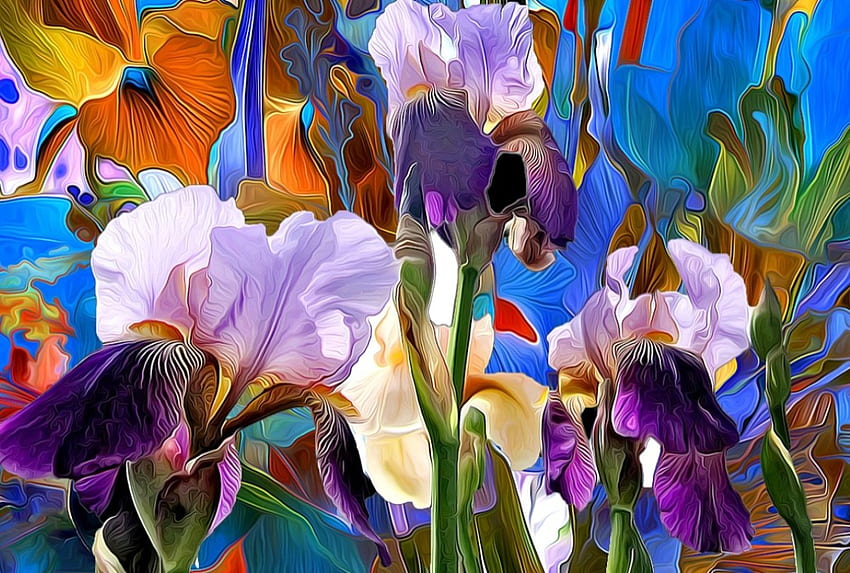 Colorful Flowers, Flowers, colorful, Iris, Art HD wallpaper