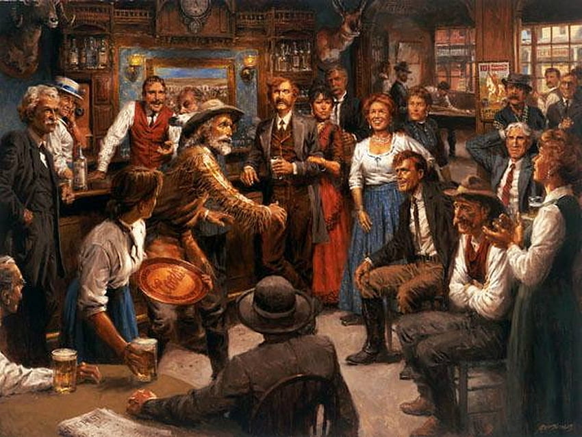Tales of the Old West, karya seni, lukisan, pria, bar, wanita, manusia Wallpaper HD