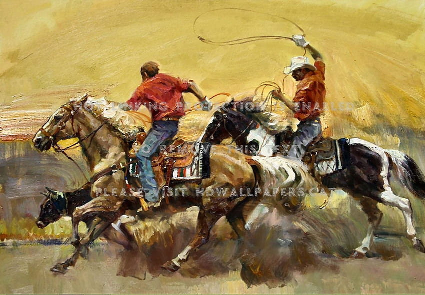 team roping equine beautiful old west art HD wallpaper