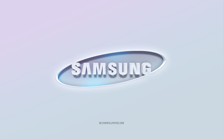 Лого на Samsung, изрязан 3d текст, бял фон, лого на Samsung 3d, емблема на Samsung, Samsung, релефно лого, емблема на Samsung 3d HD тапет