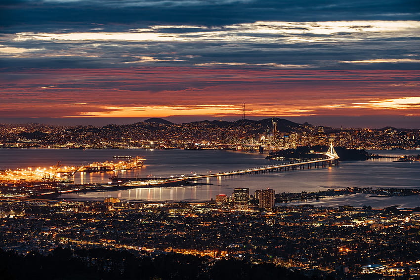 都市, 夜, アメリカ合衆国, 都市, 上からの眺め, 海岸, アメリカ合衆国, 都市景観, 都市の景観, サンフランシスコ 高画質の壁紙