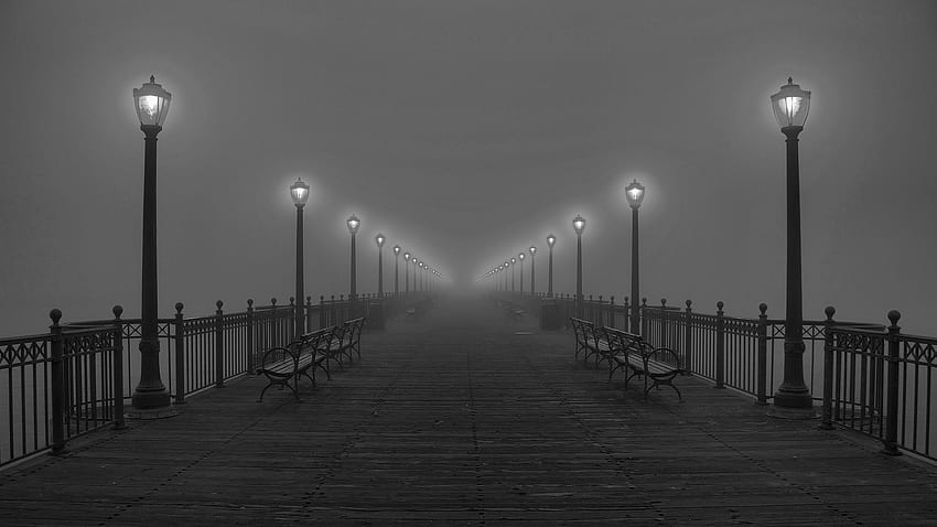 brouillard niveaux de gris lampes piliers . graphie du monde, fond de lumières, fond, rue brumeuse Fond d'écran HD