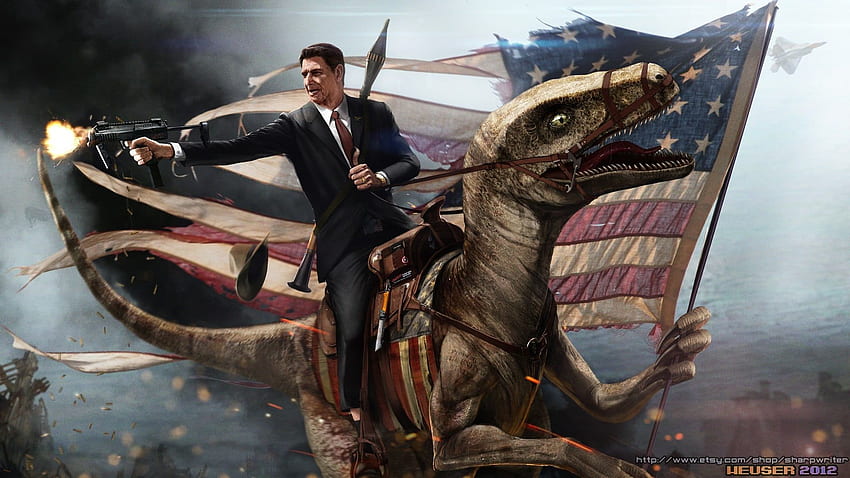 Man riding on raptor poster, humor, digital art, Ronald Reagan HD wallpaper
