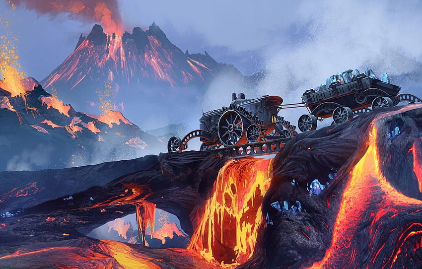 Figure, Fire, The volcano, Fantasy, Art, Mining, Fiction, Concept Art, Steampunk, Steampunk, Lava, Thomas Chamberlain - Keen, Card Chronicles, by Thomas Chamberlain - Keen, Resources for , section фантастика HD wallpaper