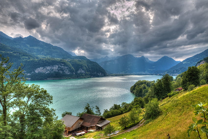 Природа, Изглед отгоре, Алпи, Швейцария, r, езеро Валензее, езеро Валензее HD тапет